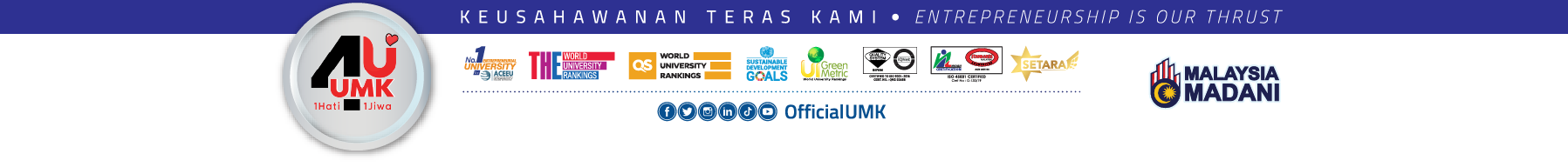 Universiti Malaysia Kelantan — UMK4U, Keusahawanan Teras Kami: Entrepreneurship Is Our Thrust. No.1 Entrepreneurial University (ACEEU); THE World University Rankings; QS World University Rankings; UI GreenMetric; ISO 9001:2015 & MS ISO 45001 certified; SETARA rated. Malaysia Madani.